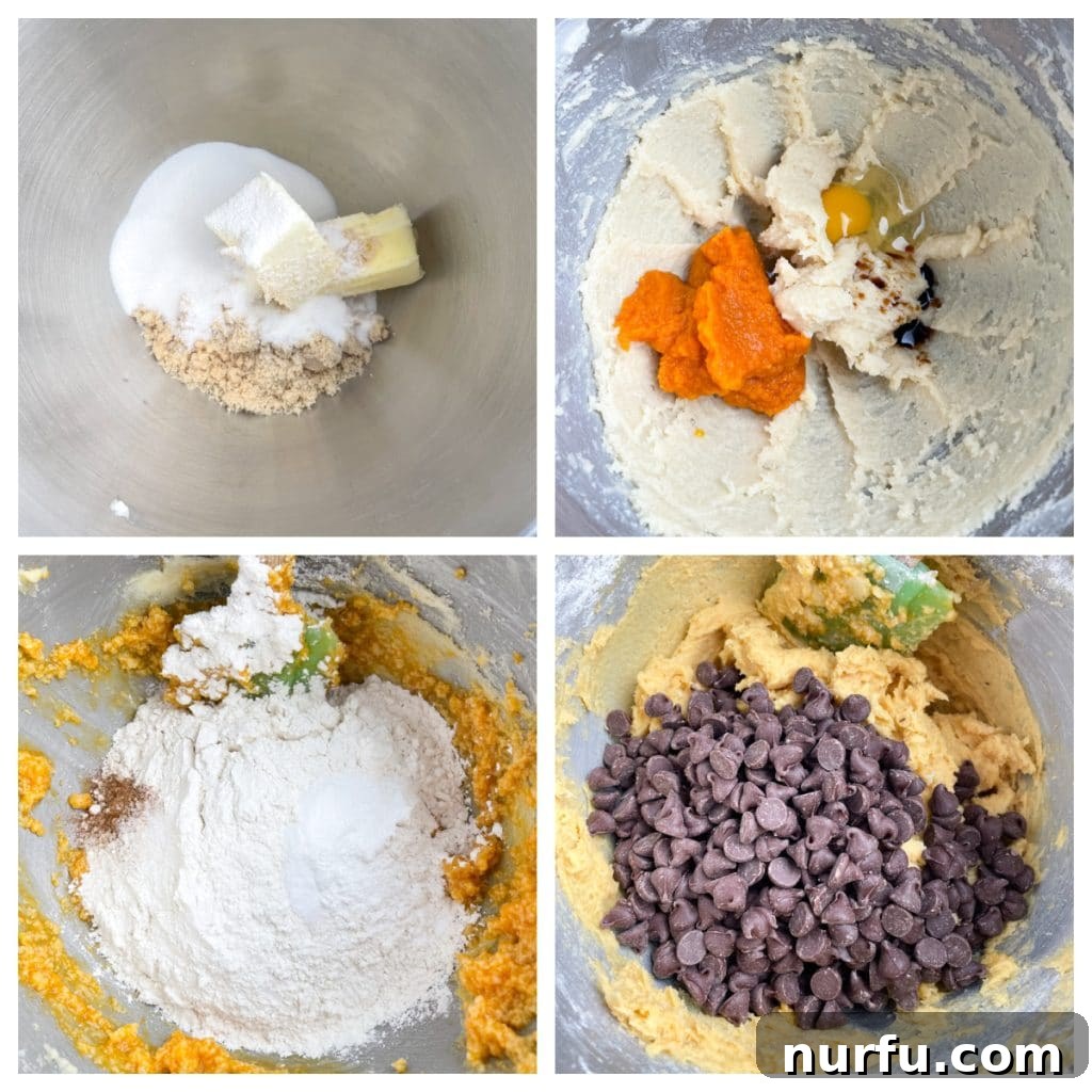 Spiced Pumpkin Chocolate Chip Cookies 4 A mixing bowl filled with pumpkin chocolate chip cookie dough, showcasing the rich color of pumpkin and the generous amount of chocolate chips, ready for baking.