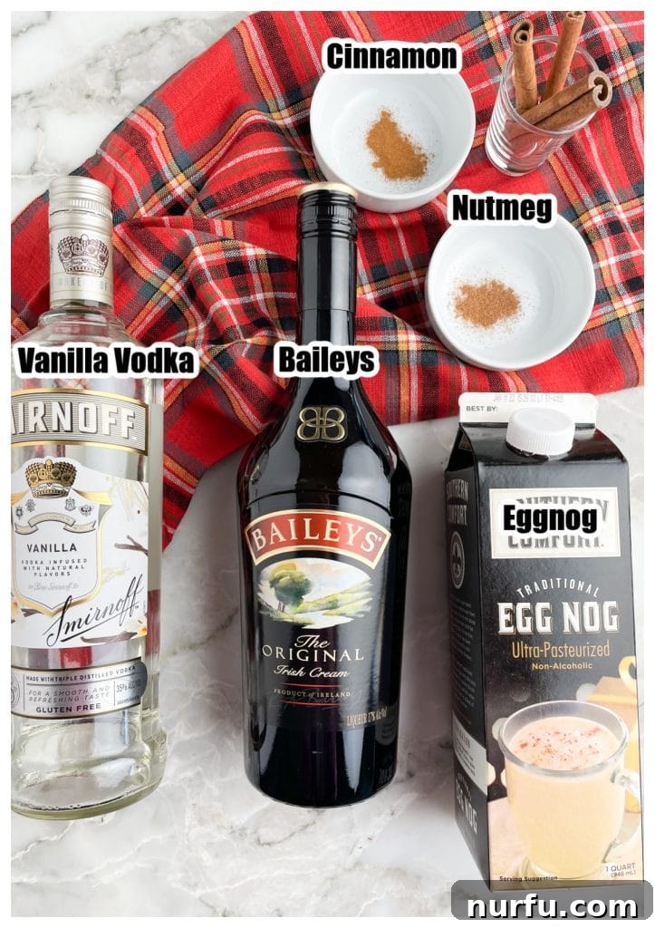 Vanilla vodka, Baileys Irish Cream, eggnog, ground cinnamon, and nutmeg arranged as ingredients for the cocktail.