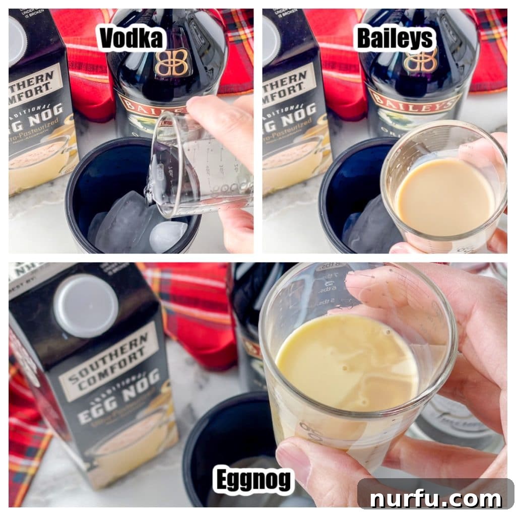 A cocktail shaker filled with ice, eggnog, Baileys Irish Cream, and vanilla vodka, ready to be shaken.