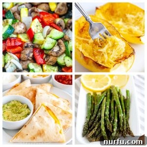 A composite image showing various vegetarian air fryer dishes: mixed vegetables, spaghetti squash, quesadillas, and a plate of asparagus, highlighting the versatility of the air fryer.