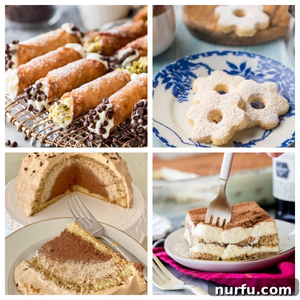 21 Irresistible Italian Desserts 2 A vibrant platter featuring a variety of classic Italian desserts including golden cannolis, frosted cookies, a slice of cake, and rich tiramisu, invitingly arranged.
