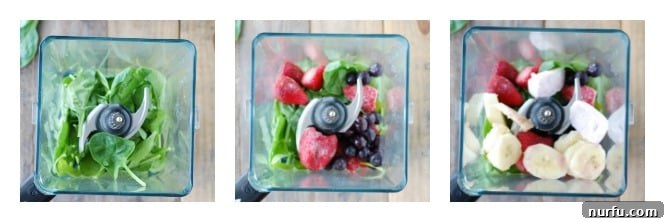 Smoothie Fresh spinach, a handful of mixed berries, and sliced banana are artfully placed inside a high-speed blender, ready to be transformed into a refreshing and healthy smoothie.