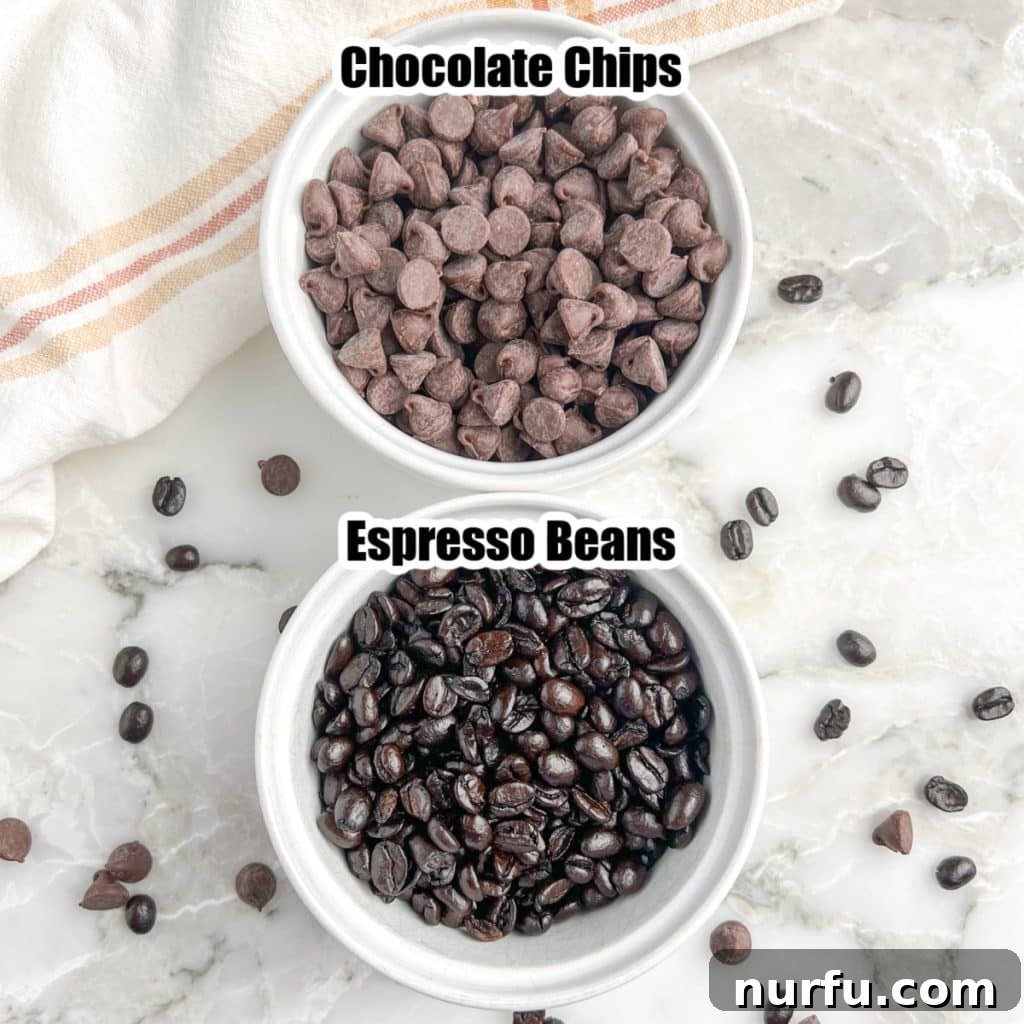 Crafting Perfect Chocolate Espresso Beans 3 Two bowls: one filled with chocolate chips and the other with whole espresso beans.