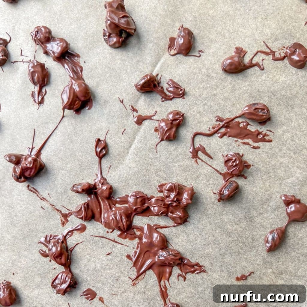 Crafting Perfect Chocolate Espresso Beans 5 Parchment paper lined baking sheet with freshly coated chocolate covered coffee beans.