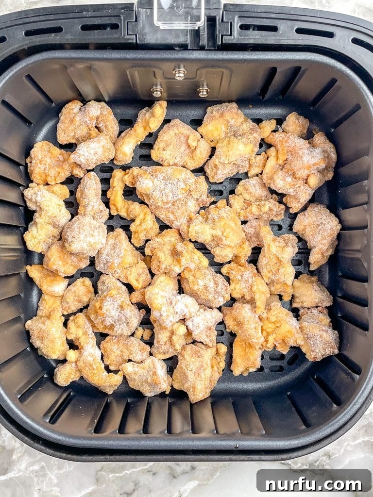 Crispy Trader Joes Orange Chicken Air Fryer 3 Frozen fried chicken pieces arranged in a single layer inside an air fryer basket, ready for cooking.