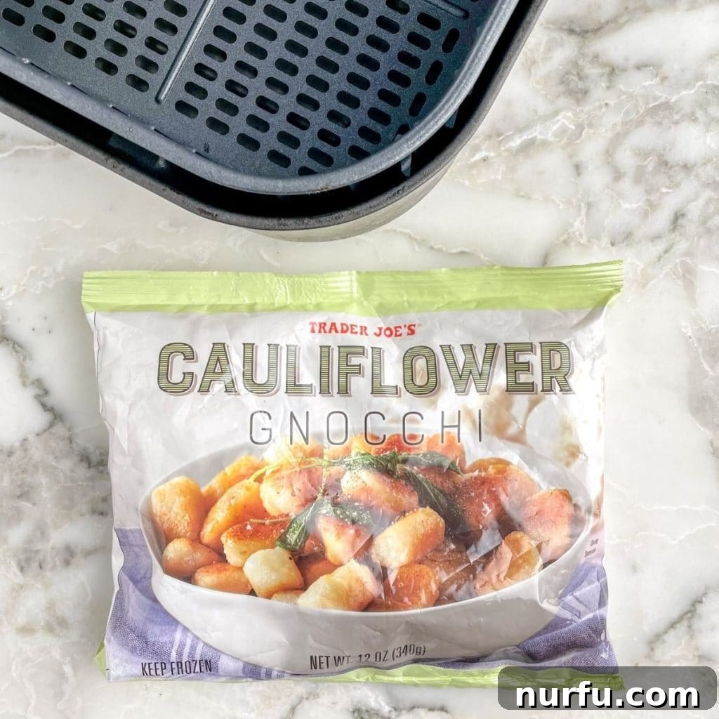 Crispy Air Fryer Cauliflower Gnocchi 3 Trader Joe's cauliflower gnocchi in its packaging, highlighting the ingredients and brand.