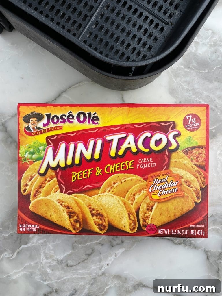 Perfect Air Fryer Frozen Mini Tacos Every Time 3 A box of Jose Ole frozen beef and cheese mini tacos, ready for air frying.