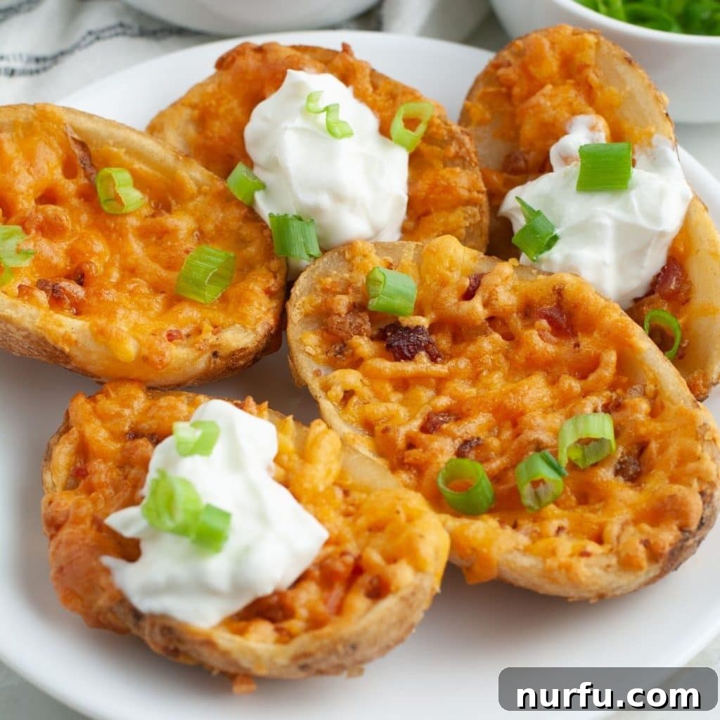 From Frozen to Fabulous: Air Fryer Potato Skins 6 A beautifully plated serving of air-fried potato skins, generously topped with creamy sour cream and a delicate sprinkle of fresh herbs, ready to be enjoyed.