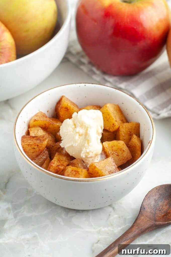 Bowl with cinnamon apples topped with a generous scoop of vanilla ice cream and a sprinkle of cinnamon.