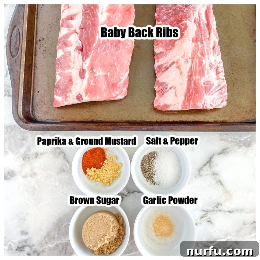 Fall-Off-The-Bone Oven Ribs 3 Uncooked baby back ribs, a bowl of homemade spice blend, and a bowl of rich brown sugar ready for seasoning.