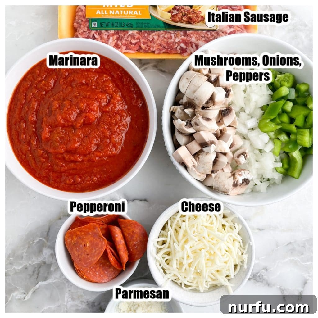 Ultimate Easy Pizza Bowl 3 Bowls containing various pizza bowl ingredients: sauce, mixed mushrooms, onions, bell peppers, pepperoni, and shredded mozzarella cheese.