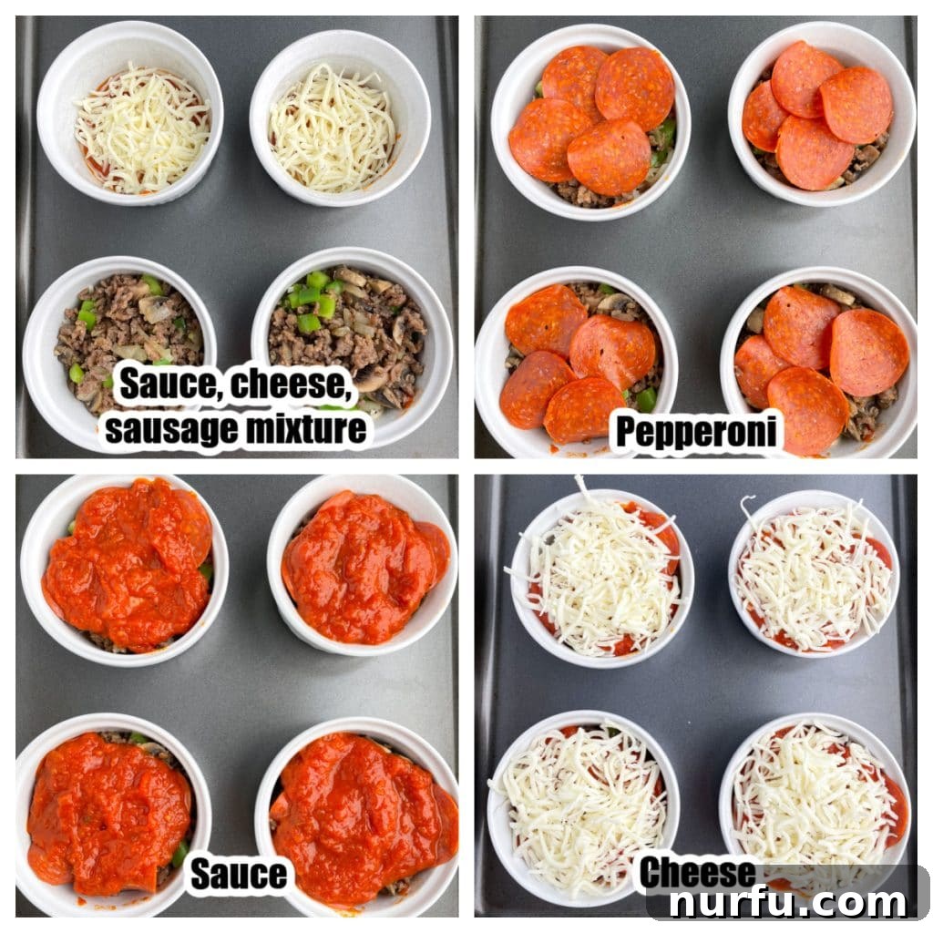 Ultimate Easy Pizza Bowl 5 Four small, individual pizza bowls, layered with sauce, cheese, sausage, and pepperoni, ready to be baked to melted perfection.