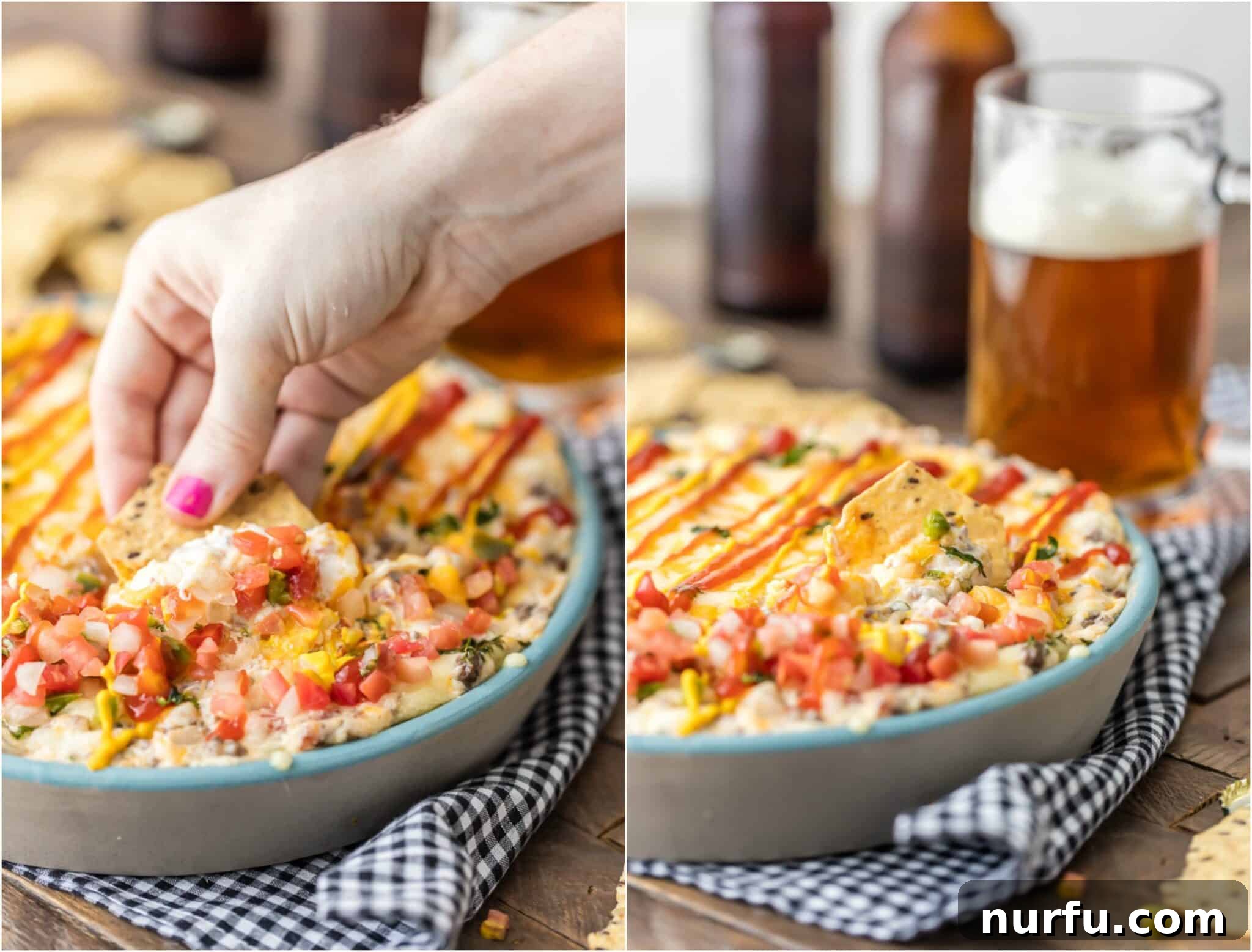 15 Next-Level Dips for Your Best Party Yet 4 Delicious All American Bacon Cheeseburger Dip with cheese and bacon.