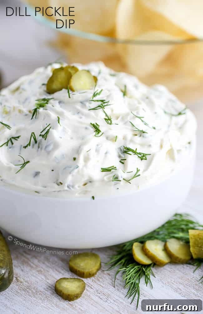 15 Next-Level Dips for Your Best Party Yet 5 Creamy and tangy Dill Pickle Dip, a unique party appetizer.
