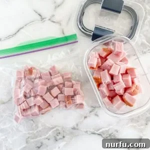 Bag and container of diced ham.