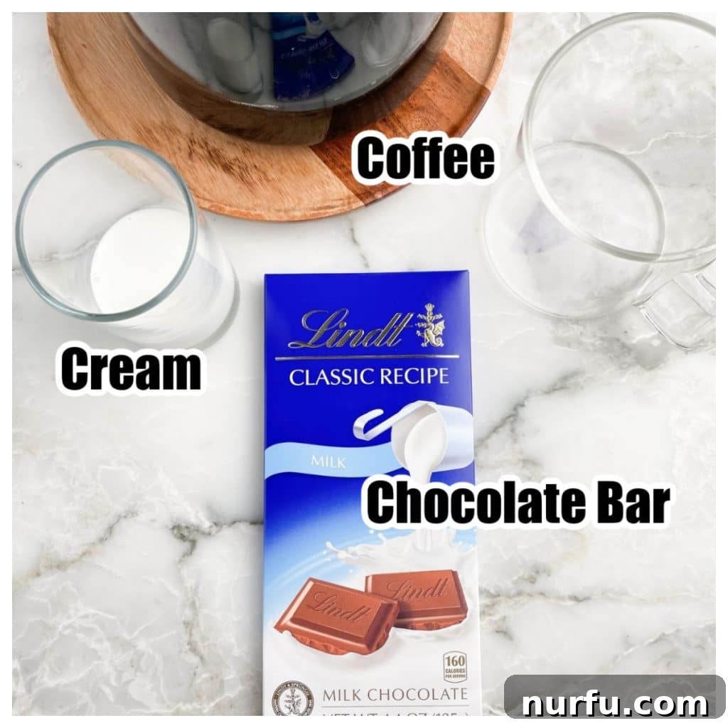 Quick and Easy Chocolate Coffee Bliss 3 Chocolate bar, cup of cream, and coffee.