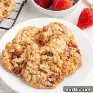 A plate of freshly baked, chewy strawberry oatmeal cookies, highlighting their golden edges and bits of red strawberries.