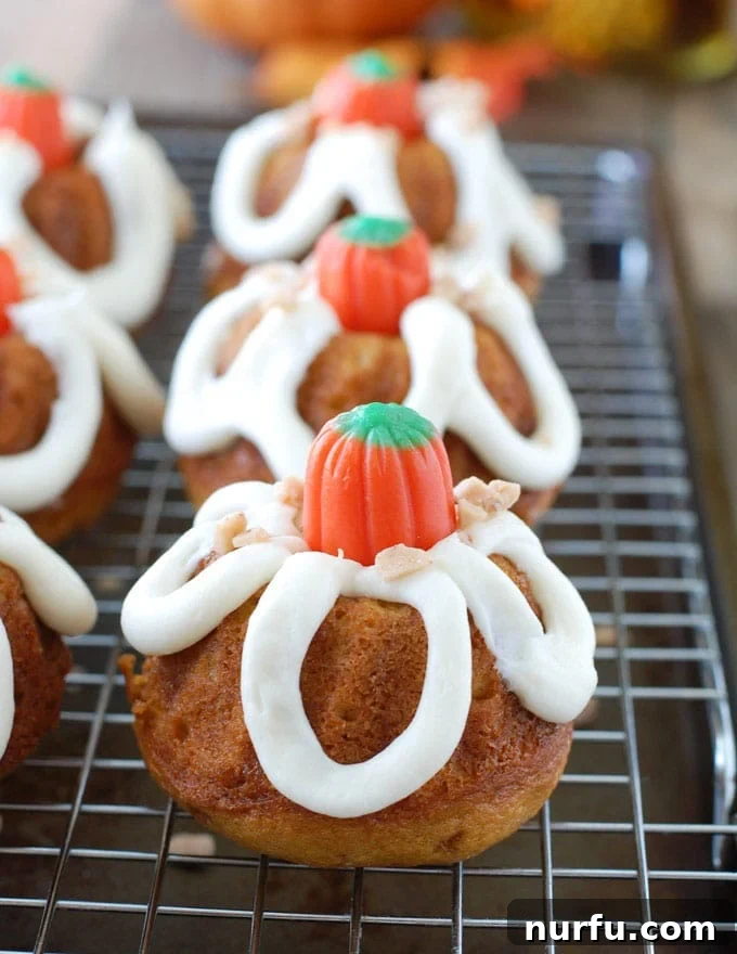 Mini bundt cakes elegantly arranged on a cooling rack, showcasing their golden-brown exterior and delicate shape, ready for frosting.