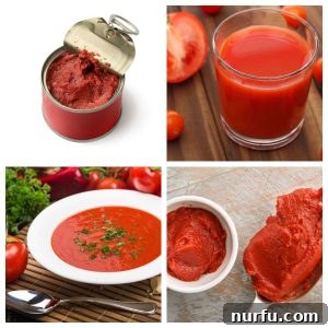 Can of tomato paste and bowls of tomato sauce.