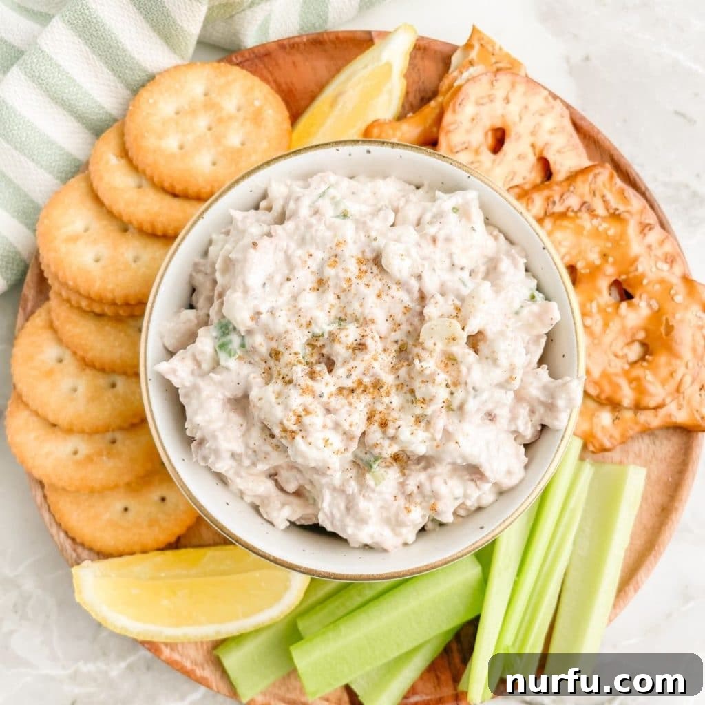 Lightning-Fast Savory Tuna Dip 4 A rustic bowl filled with creamy tuna dip, surrounded by an inviting arrangement of various crackers and crisp celery sticks, perfect for dipping.