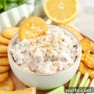 A beautifully presented bowl of creamy tuna dip with a Ritz cracker delightfully dipped into it, indicating its delicious readiness.