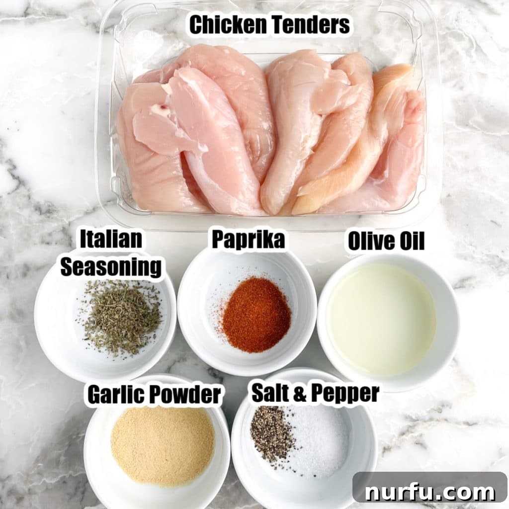 Small bowls containing raw chicken tenders, olive oil, and various spices.