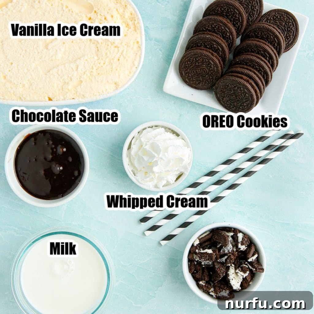 Arrangement of ingredients for an OREO milkshake: vanilla ice cream, OREO cookies, milk, and chocolate sauce, ready for blending.