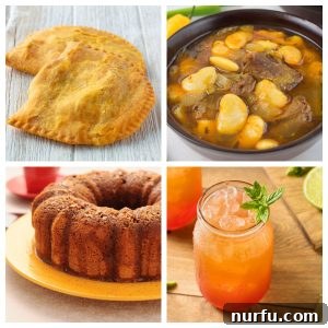 A visual summary of Jamaican cuisine, featuring a golden beef patty, rich oxtail stew, a slice of rum cake, and a refreshing rum cocktail.