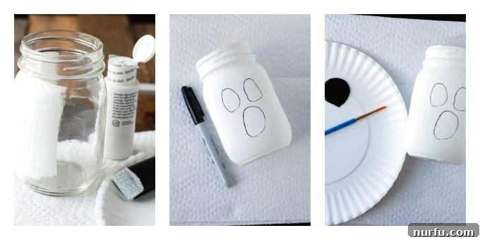 Ghost Mason Jar Crafting Steps A step-by-step image collage showing the jar, white paint, and a marker for the ghost face.
