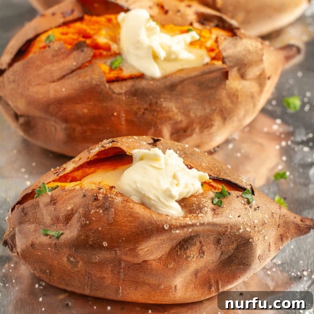 Mastering 400 Degree Sweet Potatoes Bake Time Revealed 2 Perfectly baked sweet potatoes topped with melting butter, ready to be enjoyed.
