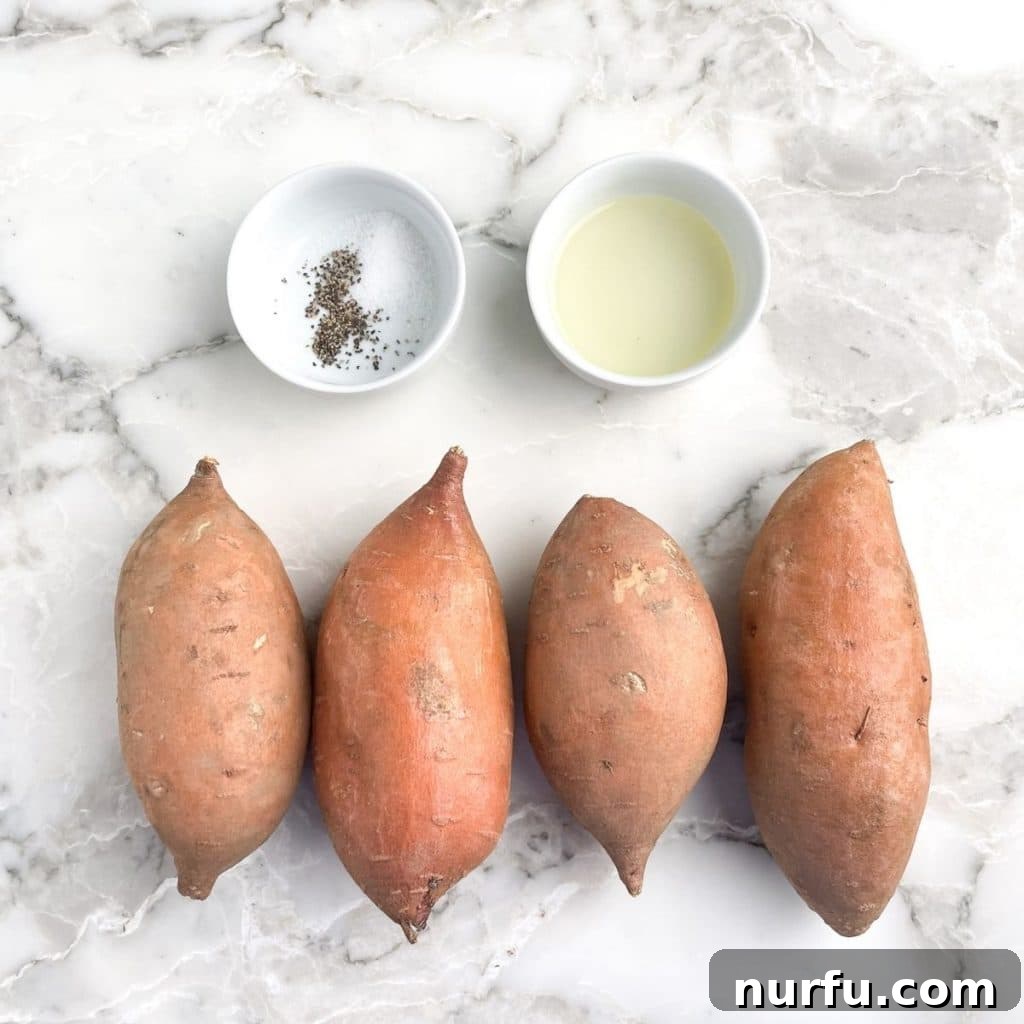 Mastering 400 Degree Sweet Potatoes Bake Time Revealed 3 Four raw sweet potatoes arranged with a bowl of olive oil and small dishes of salt and pepper, ready for preparation.