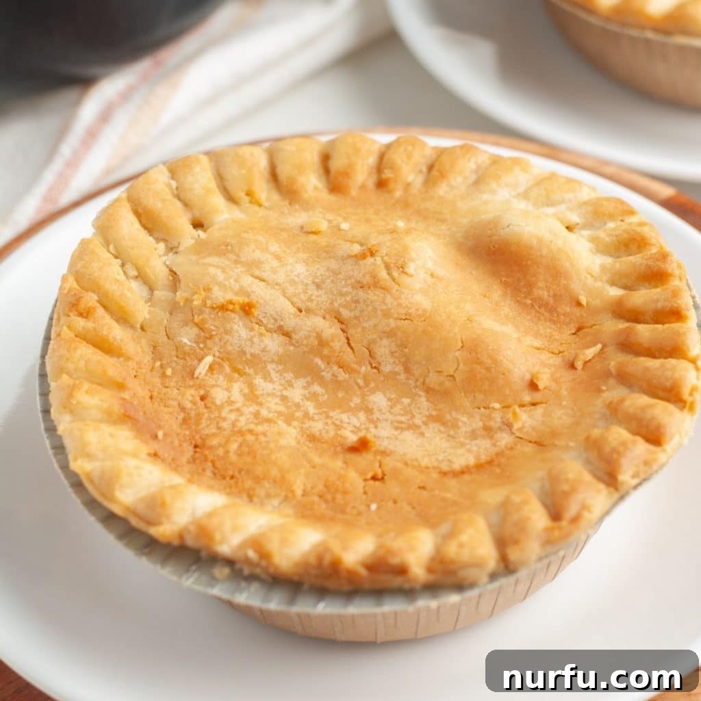A delicious air-fried pot pie on a white plate with a fork.