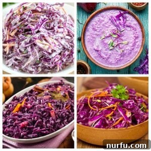 Purple cabbage slaw and cabbage soup, illustrating the versatility of purple cabbage.