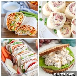 A selection of cold lunch components: chicken wrap, chicken salad, tortilla roll-up, and a stacked sandwich, artfully arranged for easy meal prep.
