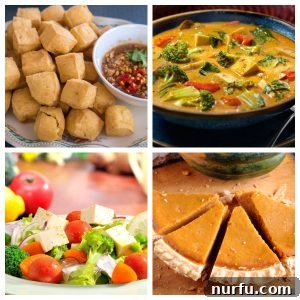 Fried tofu, salad, pumpkin pie slices, and bowl of curry.