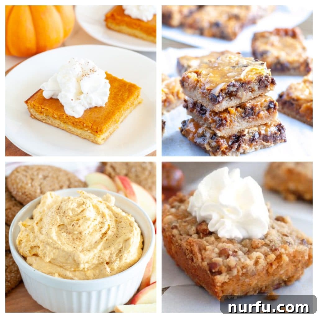 50 Irresistible Canned Pumpkin Creations 2 A collage featuring a piece of pumpkin cake, pumpkin bars, and a bowl of pumpkin dip, showcasing diverse ways to use canned pumpkin.