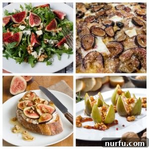 Fig salad, fig pizza, fig toast, and stuffed figs on a plate, featuring prosciutto wrapped figs.