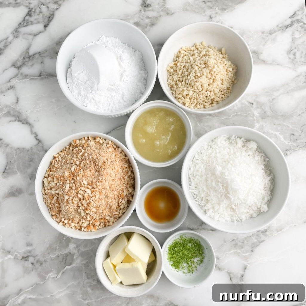 Zesty Coconut Lime Bites 3 A vibrant collection of ingredients laid out: powdered sugar, cookie crumbs, creamy butter, crunchy nuts, and fluffy coconut flakes, ready for mixing.