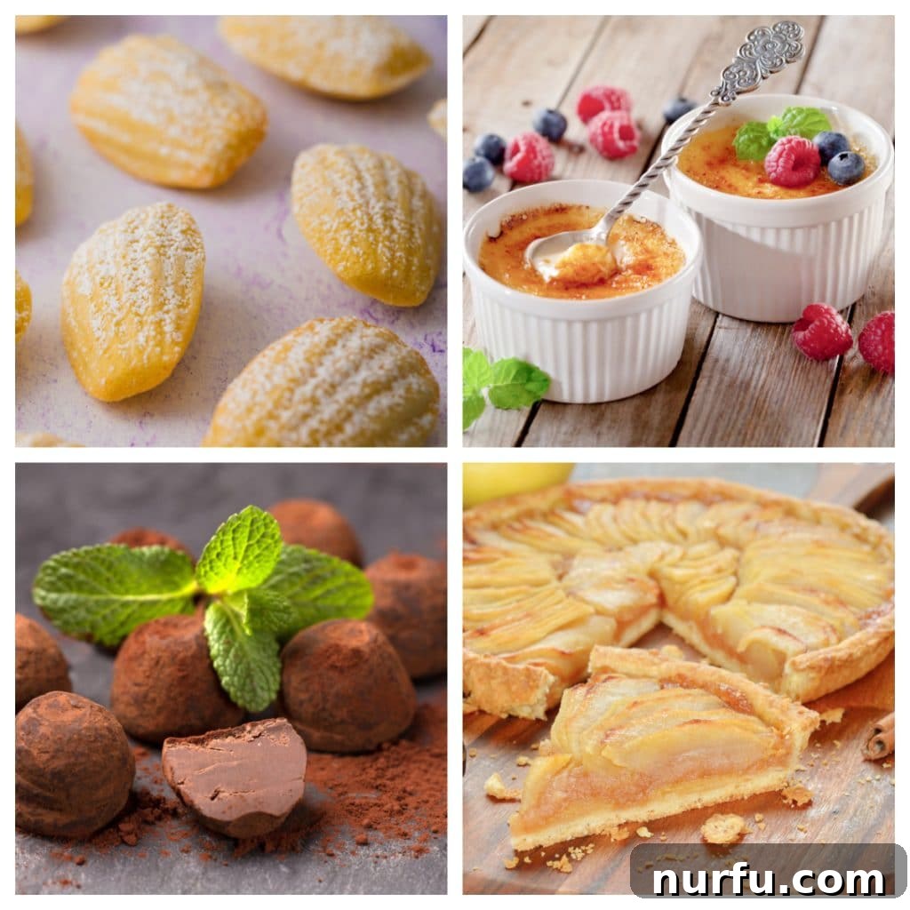 30 Iconic French Desserts 2 Madeleine cookies, creme brulee, chocolate truffles, and apple tart. A collection of 30 classic French desserts, from creamy custards to fruity tarts.