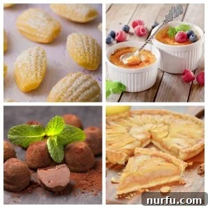 30 Iconic French Desserts 3 Madeleine cookies, creme brulee, chocolate truffles, and apple tart. A collage representing various French desserts.