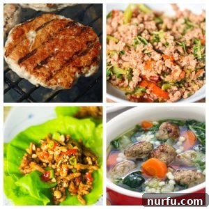 A collage featuring a chicken burger on a grill, vibrant chicken lettuce wraps, and a bowl of comforting Italian wedding soup, showcasing the diverse applications of ground chicken.