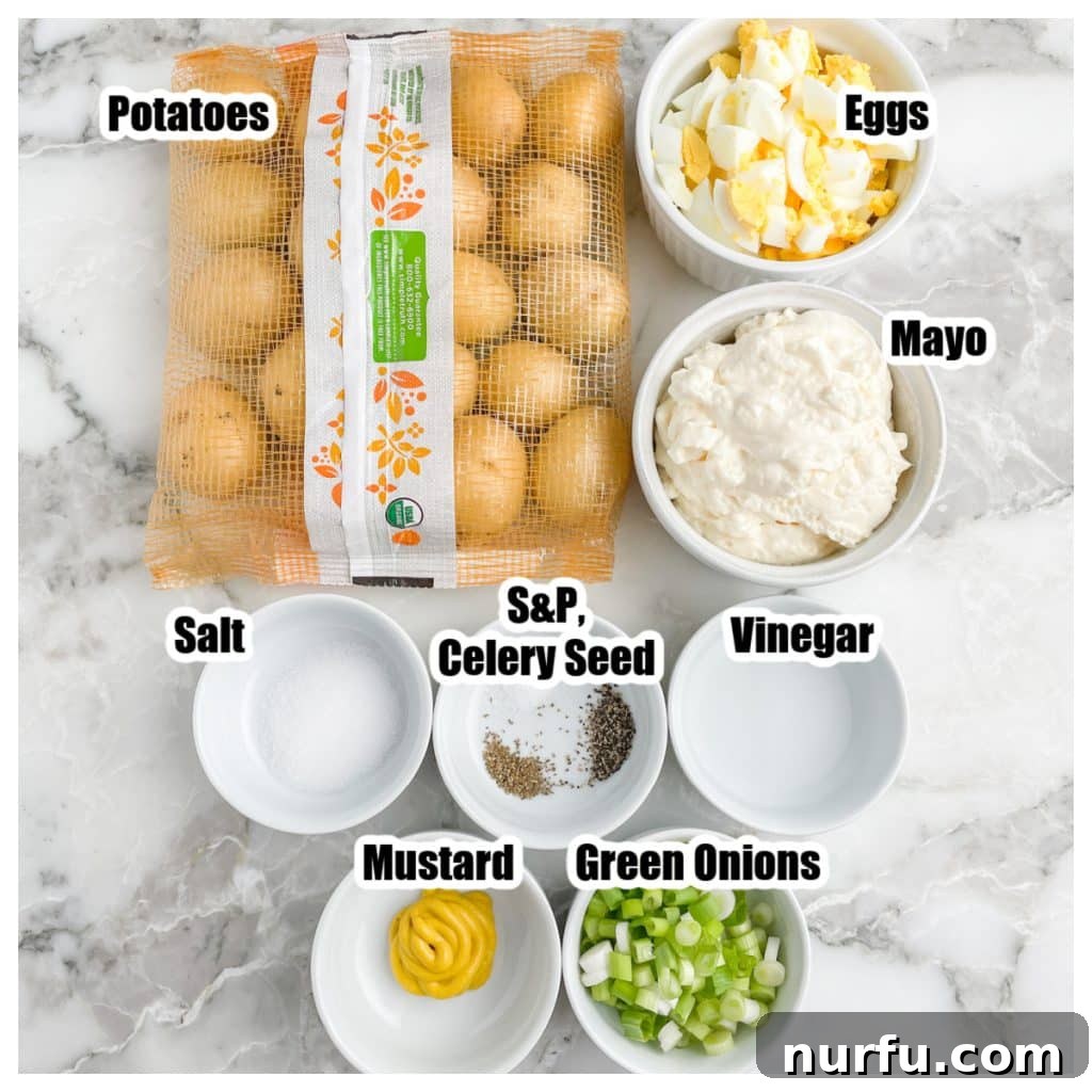 Boiling Potatoes for Perfect Potato Salad 3 Neatly arranged ingredients for potato salad including potatoes, mayonnaise, hard-boiled eggs, mustard, a bowl of seasonings, and fresh green onions.