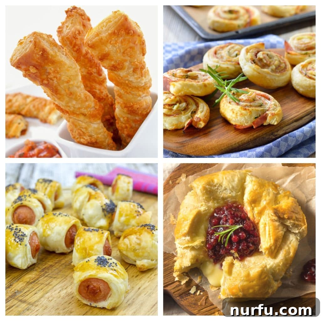 Puff Pastry Perfection: Easy Bites for Any Gathering 2 A vibrant collection of puff pastry appetizers, including golden cheese straws, savory ham pinwheels, classic pigs in a blanket, and a decadent baked brie.