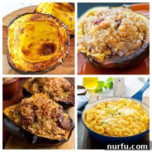 Roasted acorn squash, mac and cheese, and stuffed acorn squash.