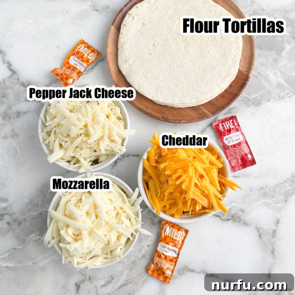 Homemade Gooey Cheese Tortilla Rolls 2 A simple yet inviting scene featuring three bowls of assorted shredded cheese and a stack of soft flour tortillas, ready for preparation.
