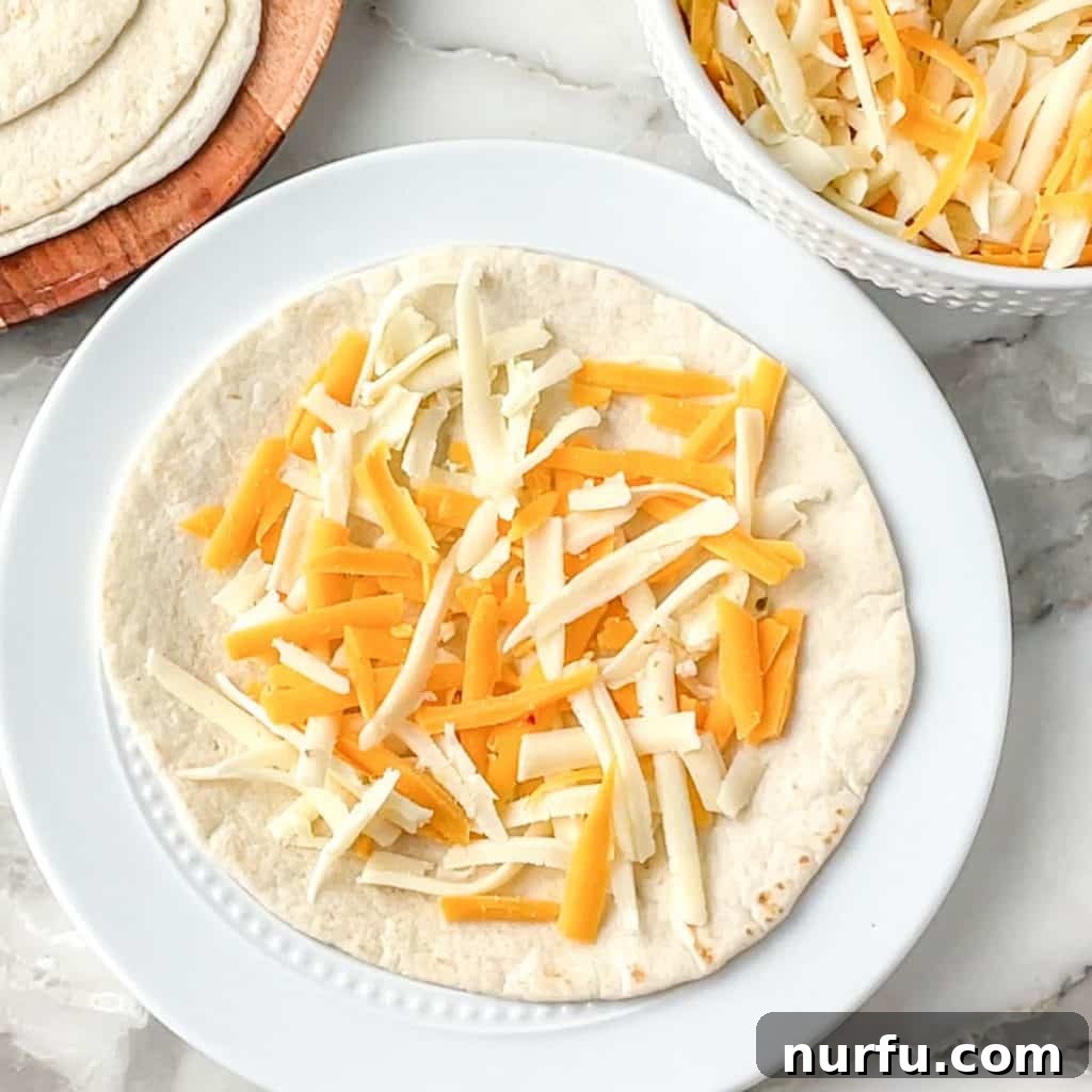 Homemade Gooey Cheese Tortilla Rolls 4 A plate holding a flour tortilla, evenly topped with a generous layer of shredded cheese, ready for microwaving.