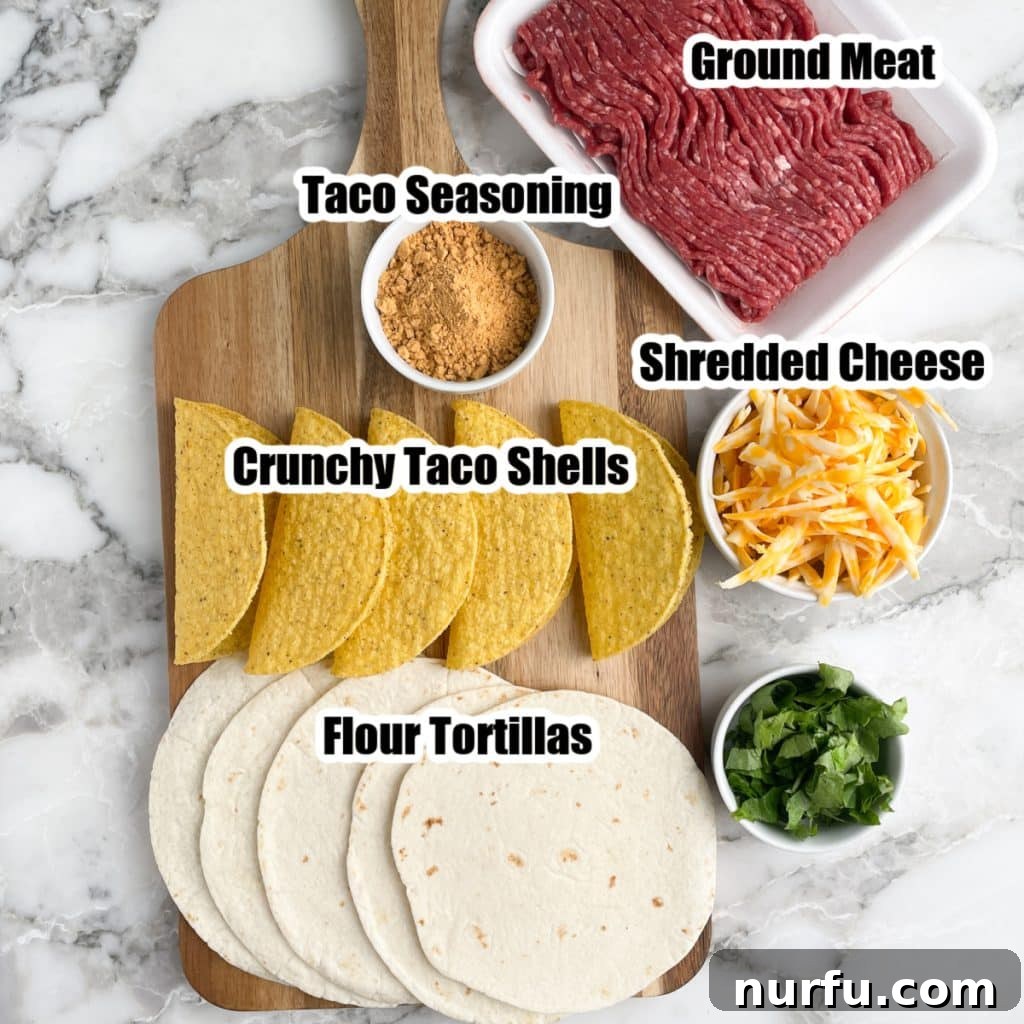 Ultimate Homemade Cheesy Gordita Crunch 3 Flour and crunchy tortillas, bowl of seasoning, cheese, and ground beef.
