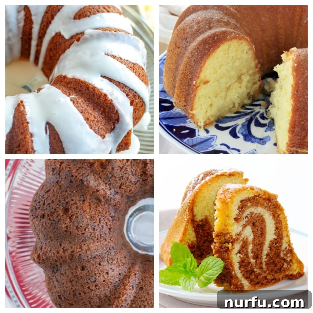 31 Ultimate Bundt Cake Delights 2 Four different Bundt cakes, showcasing their beautiful shapes and various toppings.