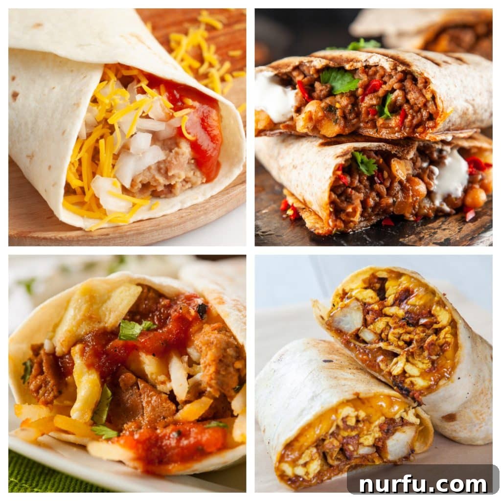 31 Ultimate Burrito Recipes 2 Four different burritos, showcasing various fillings and styles.