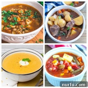 Four bowls of slow cooker chicken noodle soup.